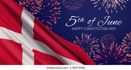 Vector illustration with a realistic flag of Denmark, fireworks, and text on dark blue background. Danish National day banner design template. Constitution Day greeting card. June 5th.