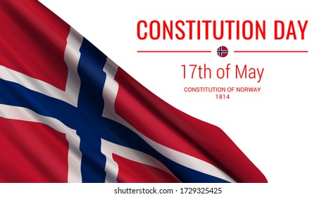 Vector illustration with a realistic flag of Norway and text isolated on white background. Norwegian National Day banner design template. Constitution Day greeting card. 17th of May.