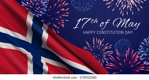 Vector illustration with a realistic flag of Norway, fireworks, and text on dark blue background. Vector element for Norwegian Constitution Day (National Day) May 17th.