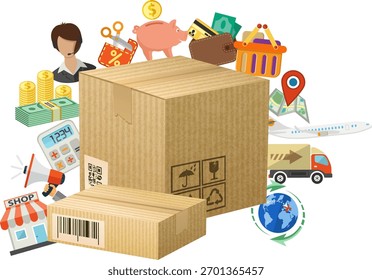 Vector illustration in Realistic and flat style icons on theme of retail sales, marketing, online shopping, delivery of goods, such as megaphone, shop, support, piggy bank, cash discounts