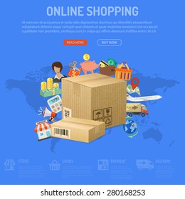 Vector illustration in Realistic and flat style icons on theme of retail sales, marketing, online shopping, delivery of goods, such as megaphone, shop, support, piggy bank, cash discounts