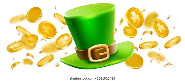 Vector illustration of realistic fly golden coin and irish green leprechaun top hat with buckle on white background. 3d style design of leprechaun hat and gold coin for saint patricks day banner