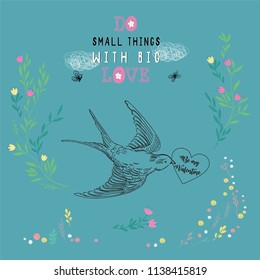 Vector illustration realistic flying swallow with love card in his beak with handwritten lettering be my valentine, The 14th of February Valentine's day, tattoo style. Original realistic swallow