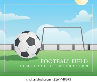 Vector illustration of a realistic football field with a soccer ball and gates and stands on the background. Modern template design with text and stadium on background.