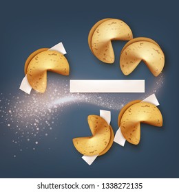 Vector illustration of realistic fortune cookies with blank paper with place for text and sparkling wave isolated on dark background, top view