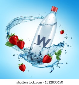 Vector illustration of realistic full plastic bottle and fresh strawberries with  leaves falling in water splash, isolated on background. Concept of advertising water with strawberry flavor