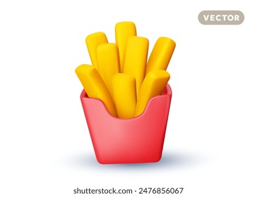 Vector illustration of realistic full red pack of french fries on white color background. 3d style cartoon design of french fries packet with shadow. Fast food in package for web, site, banner, menu