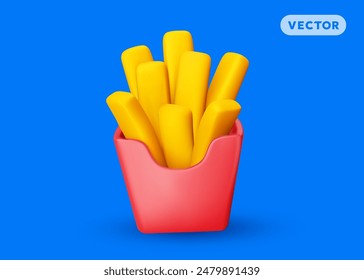 Vector illustration of realistic full red pack of french fries on blue color background. 3d style cartoon design of french fries packet with shadow. Fast food in package for web, site, banner, menu