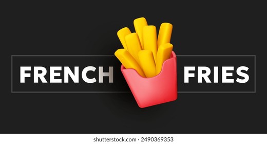 Vector illustration of realistic full red pack of french fries and text on black color background. 3d style cartoon design of french fries packet. Fast food in package for web, site, banner, menu