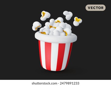 Vector illustration of realistic full striped red bucket of pop corn on black color background. 3d style design of popcorn bucket. Sweet cinema food for web, site, banner, menu, card