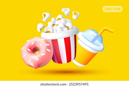 Vector illustration of realistic full striped red bucket of pop corn, drink cup and glazed donut with sprinkles on color background. 3d style design of popcorn bucket, take away coffee cup and donut