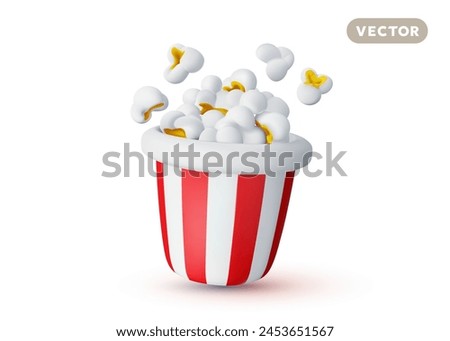 Vector illustration of realistic full striped red bucket of pop corn on white color background. 3d style design of popcorn bucket with shadow. Sweet cinema food for web, site, banner, menu, card