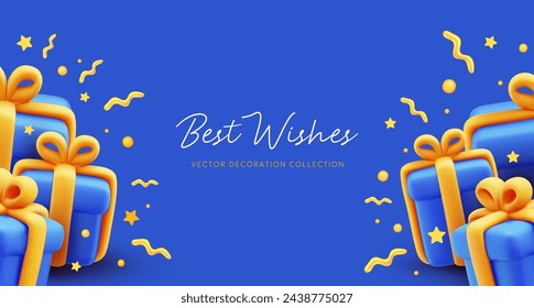 Vector illustration of realistic gift box with golden ribbon and text best wishes on blue color background. 3d style holiday template design of pile of present box with star and confetti. Festive gift