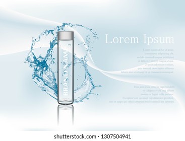 Vector illustration of realistic glass bottle for water and drink with gray lid on transparent background.Realistic mockup of glass container with batcher.Abstract stylish gradient background.