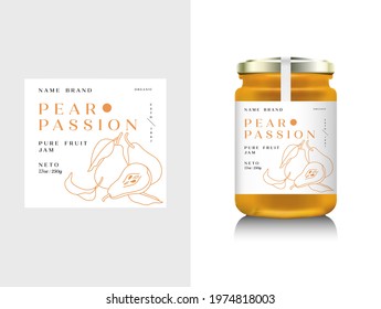 Vector illustration realistic glass bottle packaging for fruit jam. Pear jam with design label, typography, line pear icon