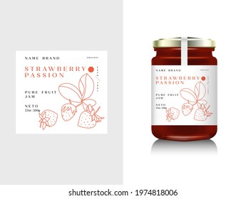 Vector illustration realistic glass bottle packaging for fruit jam. Strawberry jam with design label, typography, line strawberry icon - Shutterstock ID 1974818006