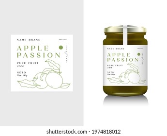 Vector illustration realistic glass bottle packaging for fruit jam. Apple jam with design label, typography, line apple icon