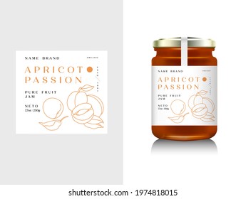 Vector illustration realistic glass bottle packaging for fruit jam. Apricot jam with design label, typography, line apricot icon - Shutterstock ID 1974818015