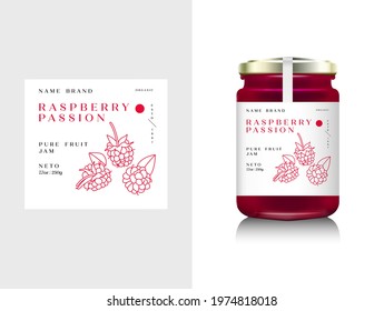 Vector illustration realistic glass bottle packaging for fruit jam. Raspberry jam with design label, typography, line raspberry icon