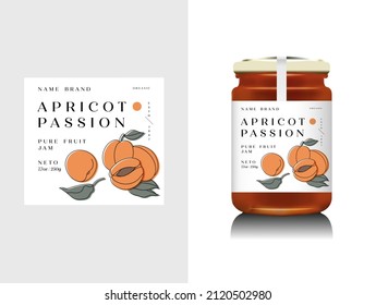 Vector illustration realistic glass bottle packaging for fruit jam. Apricot jam with design label, typography, line apricot icon