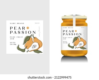 Vector illustration realistic glass bottle packaging for fruit jam. Pear jam with design label, typography, line pear icon