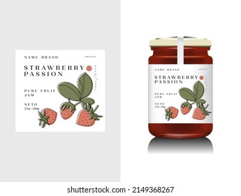 Vector illustration realistic glass bottle packaging for fruit jam. Strawberry jam with design label, typography, line strawberry icon