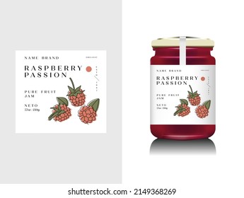 Vector illustration realistic glass bottle packaging for fruit jam. Raspberry jam with design label, typography, line raspberry icon