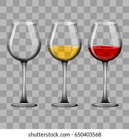 Vector illustration. Realistic glass goblets with red and white wine and empty. Design for a poster, business card, banner.