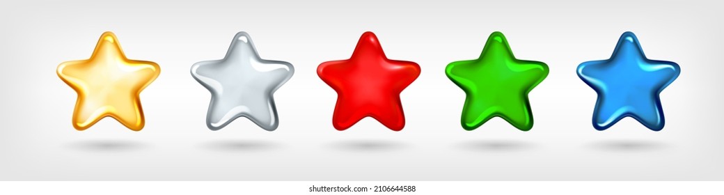 Vector illustration of a realistic glossy stars different colors isolated on a white background.  Design element for Christmas greeting cards, certificates and award diplomas