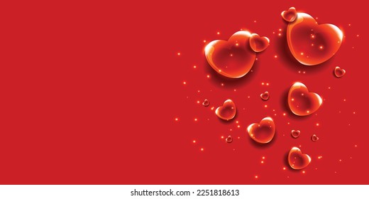 vector illustration of realistic glowing hearts on a red background. beautiful banner happy valentine's day