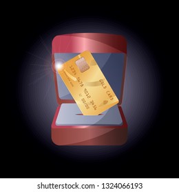 Vector illustration of a realistic gold credit card in a gift box for jewelry.