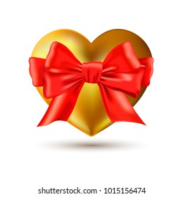 Vector illustration of realistic gold heart with red bow. Valentine's day design.
