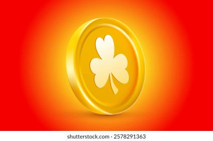 Vector illustration of realistic golden coin with irish clover symbol. 3d style design of leprechaun gold coin with four leaf clover sign for st patrick day celebration, lucky game chip, casino chip