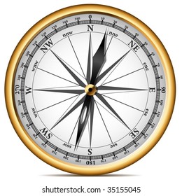 Vector illustration of realistic golden compass isolated on white background.