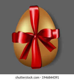Ilustración vectorial. Huevo dorado realista, cinta de satén roja, arco satinado. Diseño de Pascua de moda. El minimalismo moderno. Decoración festiva para Semana Santa. Cartel de Feliz Pascua.
