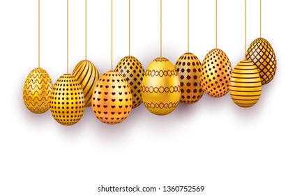 Vector illustration of realistic golden hanging decorated eggs collection on a white background. Spring holiday