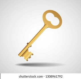 Vector illustration of realistic golden key isolated on white background.