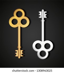 Vector illustration of realistic golden and silver keys isolated in black.