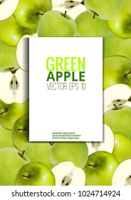 Vector illustration, realistic green apple with frame and place for text Element for design. Advertising, promotion of products, apple juice, healthy food.