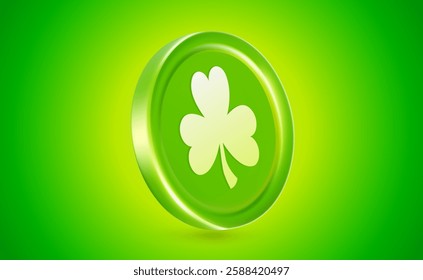 Vector illustration of realistic green coin with irish clover symbol on green color background. 3d style design of leprechaun coin with shamrock sign for st patrick day, lucky game chip, casino chip