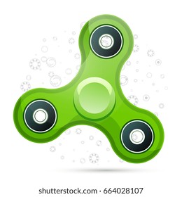 Vector illustration of realistic green fidget spinner with highlights. Creative concept of toy for improvement of attention span on white background with circle element. Design of stylish hand spinner