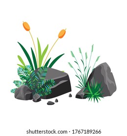 Vector illustration of realistic green grass flowers and stones isolated on white background. Icon of bush of grass for home decor, posters, advertisement, garden element.