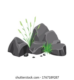 Ilustración vectorial de flores verdes realistas y piedras aisladas en fondo blanco. Icono de arbusto de pasto para decoración casera, afiches, publicidad, elemento de jardín.