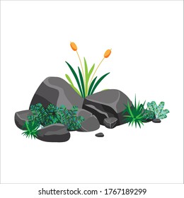 Vector illustration of realistic green grass flowers and stones isolated on white background. Icon of bush of grass for home decor, posters, advertisement, garden element.