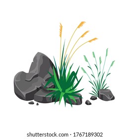 Vector illustration of realistic green grass flowers and stones isolated on white background. Icon of bush of grass for home decor, posters, advertisement, garden element.