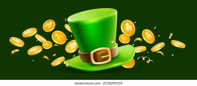 Vector illustration of realistic green leprechaun top hat with buckle and fly golden coin on green background. 3d style irish design of template with leprechaun hat and gold for saint patricks day