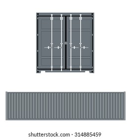 Vector illustration of realistic grey cargo container front or back and side view. Container ship icon. Global transportation.