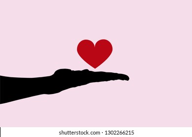 Vector illustration of realistic hand holding red heart shape on pink background. Black silhouette of arm. Valentines day greeting card. Concept of love and fun playing with emotions. Body parts 