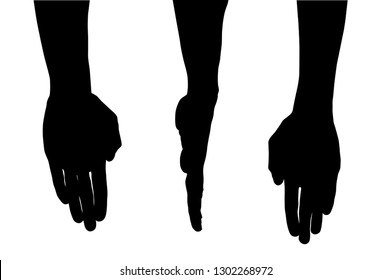 Vector illustration of realistic hands with different gestures. Simple black and white silhouette. Concept of indicate, show emotions, express yourself, mute language, signs and directions. Body parts