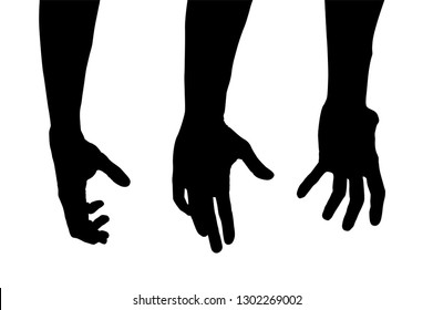 Vector illustration of realistic hands with different gestures. Simple black and white silhouette. Concept of indicate, show emotions, express yourself, mute language, signs and directions. Body parts